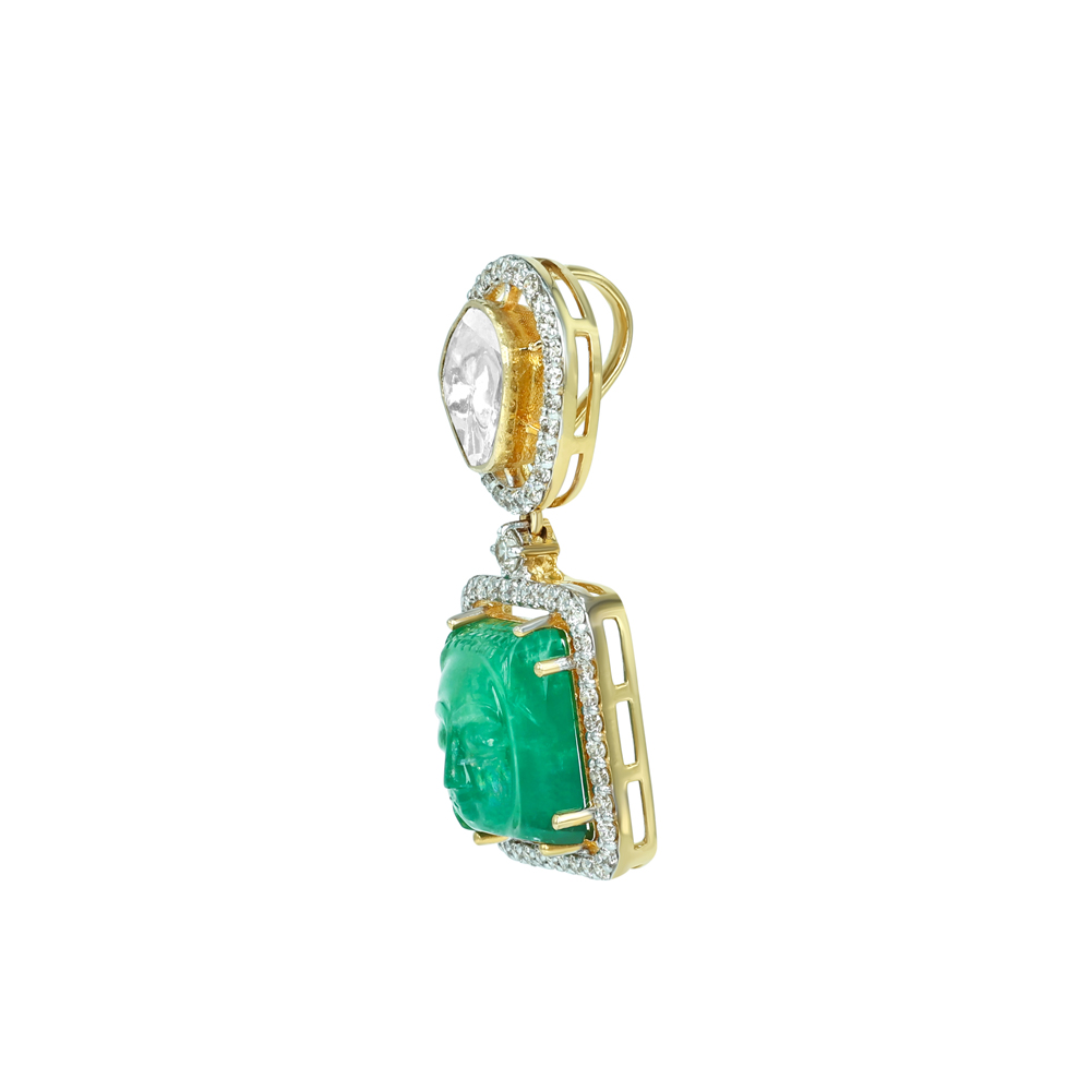 Carved Emerald Pendant with Halo Polki and Diamond